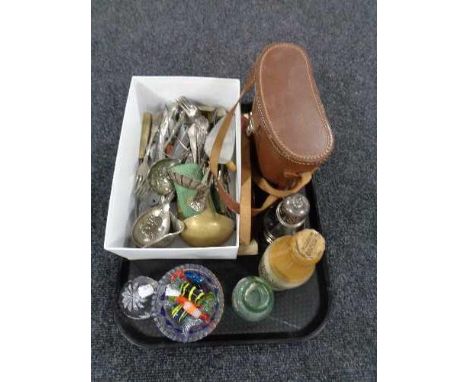 A tray of cased binoculars, glass paperweights, plated cutlery, sugar sifter, glass bottle  CONDITION REPORT: Binoculars are 