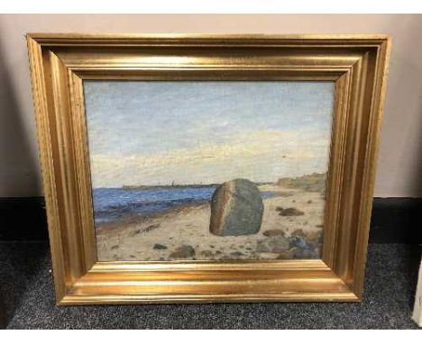 Continental School : oil on canvas depicting a boulder on a beech 