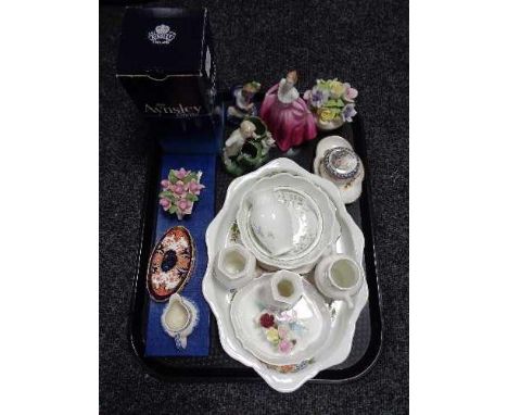A tray of china, Aynsley ware, china flower posies, Royal Crown Derby trinket dish, miniature mid winter jug etc 
