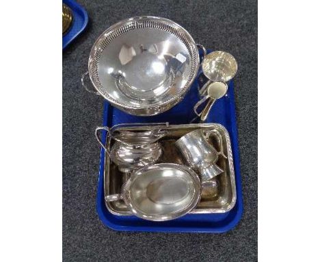 A tray of twentieth century plated wares, Sheffield plate, Milk jug and sugar basin, tankards, comport etc 