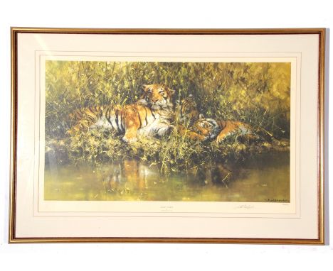 Large framed David Stephens Print, "Sleepy Tigers", signed in pencil to margin, 45 x 73cm