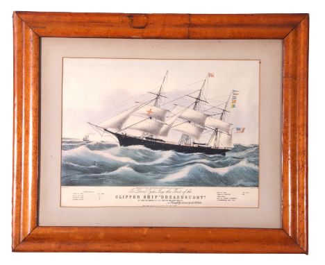 Coloured print "The Clipper Ship Dreadnought", set in birds eye maple frame