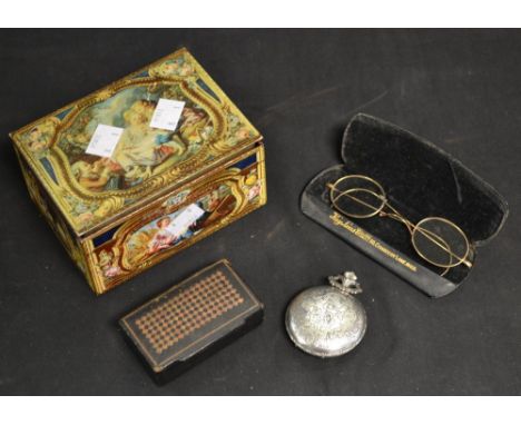 A gentleman's pocket watch, Dimetron by Bero, hunting scene; a pair rotled spectacles; a 19th century snuff box; a vintage bi