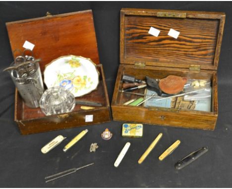 A pocket knife, pen knives, George III and later; scissors, gramophone needles, a tuning fork; etc 