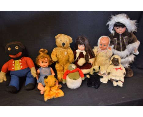 A long haired teddy bear, possibly Chad Valley; a Golly; celluloid and other dolls; etc 