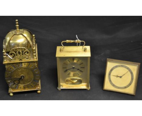 A lacquered brass lantern clock, French movement; a bedside clock; etc (3) 