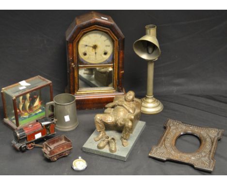 Boxes and Objects - an American mantel clock; a limited edition sculpture, Man in Armchair 7/200, Ian Thomas; a chip carved f
