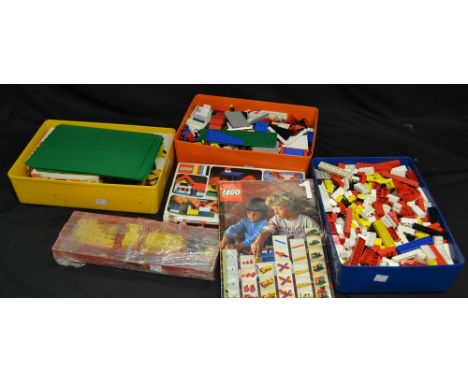 Toys and Juvenalia - a Lego No 2 basic set, box, assorted bases, bricks, wheels, windows, part constructed objects, 221/1 gui