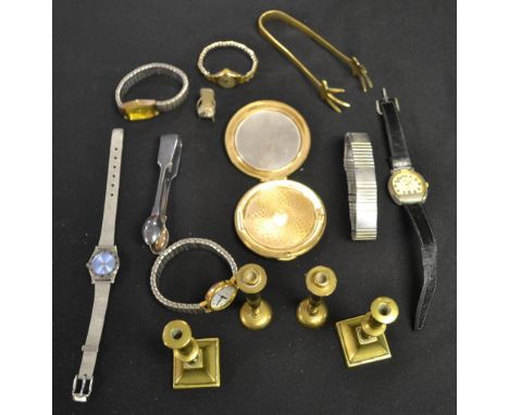 A vintage Roamer gold cased lady's bracelet watch; other watches; miniature brass candlesticks; compact; etc 
