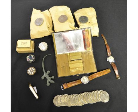 A gentleman's wristwatch; another, Timex; a pocket fruit knife; commemorative crowns; a lady's compact