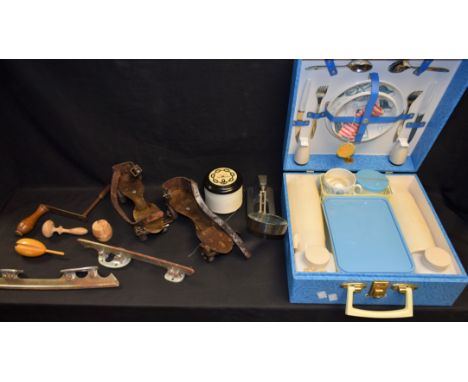 A Brexton picnic set, c.1950; vintage roller skates with metal wheels, ice skates; etc