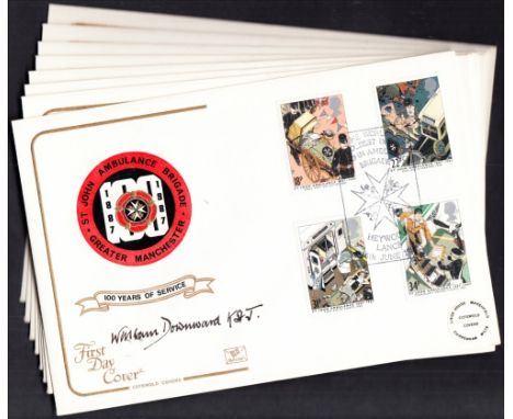 1987 St John Ambulance Heywood (Cotswold) Official FDC x 16, all signed by William Downward K St J. Address labels, fine. Cat