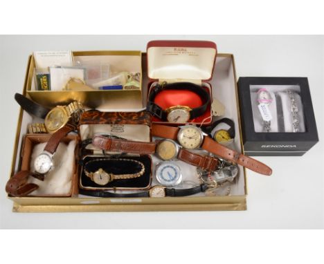 A collection of vintage wrist watches and badges, the gold-plated and steel watches by Bernex, Bifora, Daichi, Rone, Smiths, 