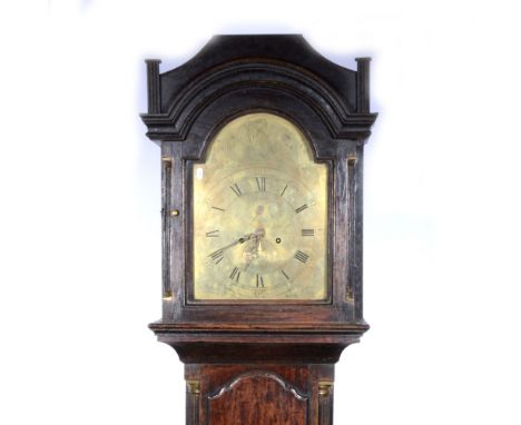 Oak longcase clock, arched hood with quarter fluted columns, long door flanked by quarter fluted columns, box base reduced, t