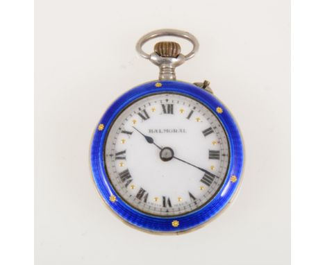 Balmoral - a small silver and blue enamel fob watch, 20mm white dial with a roman numeral chapter ring, 26mm case hallmarked 
