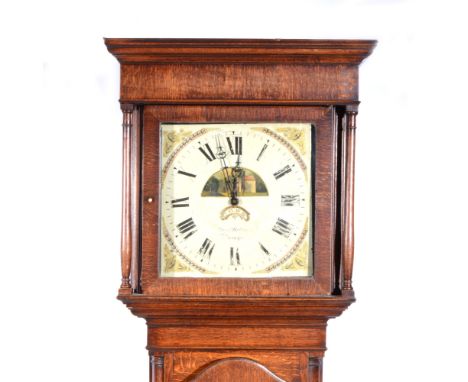 Oak longcase clock, the hood with moulded cornice, turned columns, arched door flanked by quarter columns, box base, lacking 