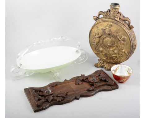 Large gilt metal Moon flask, a carved oak expanding book rack, a plastic basket and an Aynsley lustre bowl.