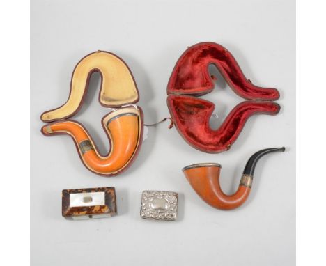 Two pipes in fitted cases, a "Sherlock Holmes" style pipe with silver rim to bowl hallmarked Birmingham 1911 and another (af)