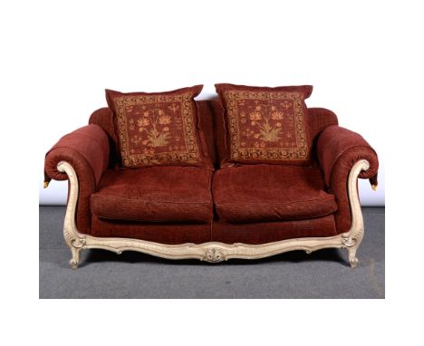 David Gascoigne sofa, French style scrolled frame, burgundy upholstery with loose cushions, length 190cm.