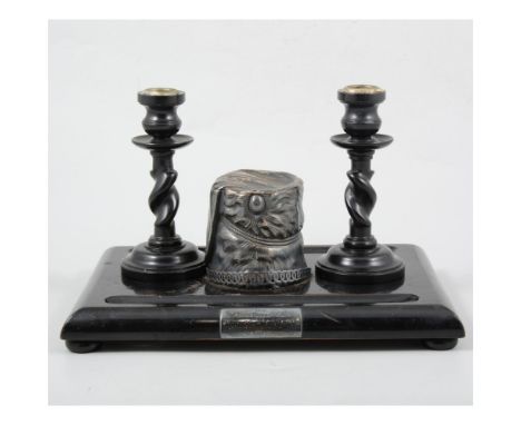 A Victorian ebonised ink stand with silver busby inkwell by S Smith &amp; Son, engraved plaque to front "From Major George Lu