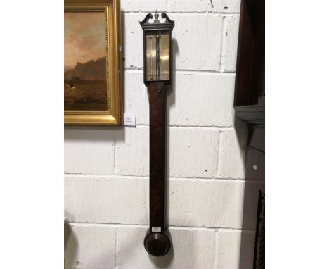 George III mahogany stick barometer, swan-neck, plain column, turned cistern cover, silvered dial signed Silvani, Brighton, 1