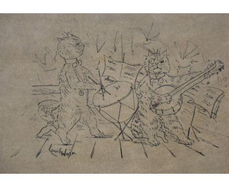 Manner of Louis William Wain, Cats Punch and Judy show, bears signature, pen and ink over a print(?), 18 x 25cm; and another,