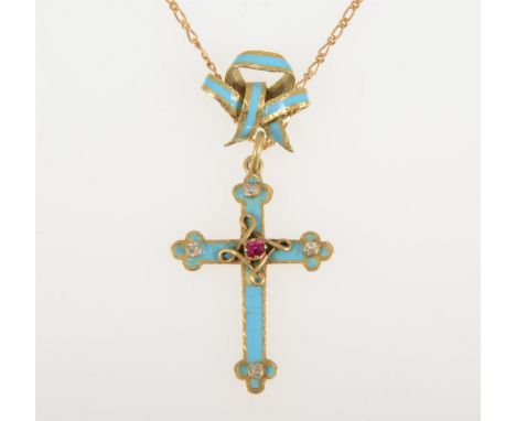A yellow metal cross 25mm x 20mm, decorated with turquoise enamel and set with a small ruby and four small rose cut diamonds 