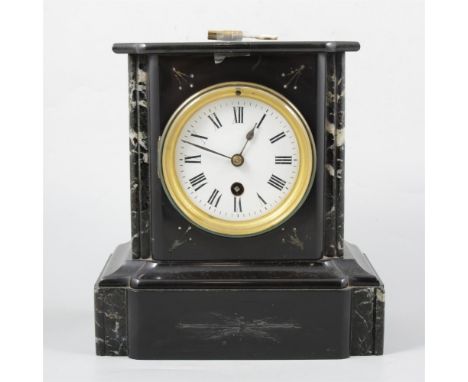 French black marble mantel clock, white enamelled dial with Roman numerals, cylinder movement, 23cm.