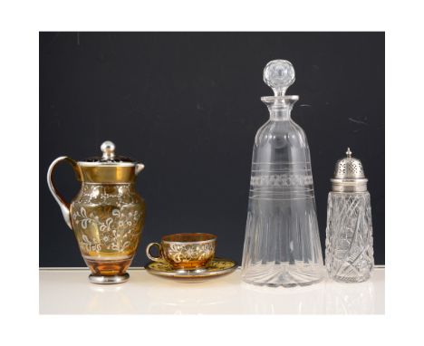 A glass sugar caster with silver cover hallmarked Chester 1912, 15cm, pair of glass decanters, six 19th century puce decorate