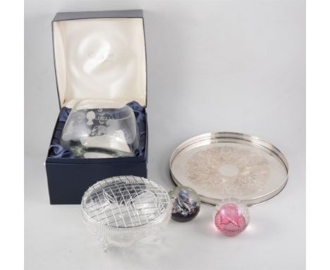 Set of Edinburgh crystal sherry glasses; other table crystal; two Caithness paperweights, etc