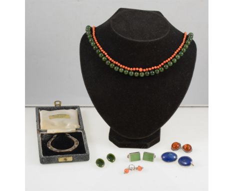 Five pairs of earrings set with amber, coral, jadeite, sodalite and silver, screw/clip fittings, three bead necklaces, coral,