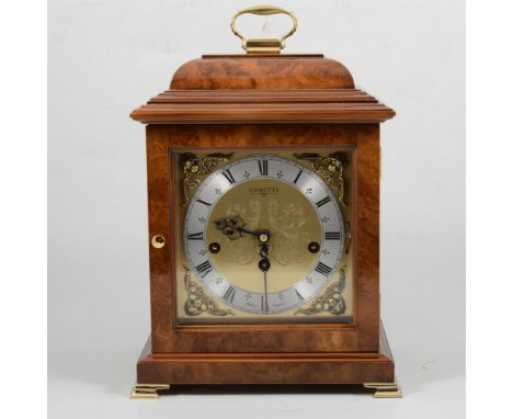 George II style burr walnut mantel clock, Comitti, London, 21st century, square brass dial with silvered chapter ring, triple