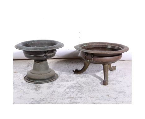 Metal brazier, twin handles, splayed legs, diameter 58cm, and a metal pedestal planter, (2).