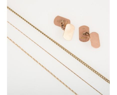 A pair of 9 carat rose gold chain link cufflinks, monogrammed faces, approximate weight 6gms, a yellow metal un-marked curb l