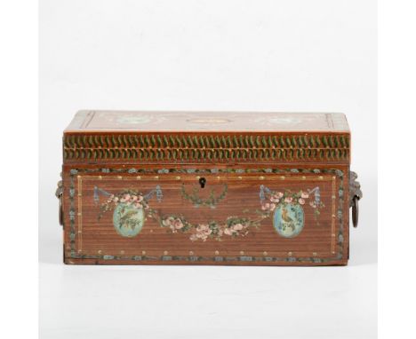 Georgian mahogany caddy, brass lion mask handles, later hand painted decoration, the cover with featured cross-banding and in