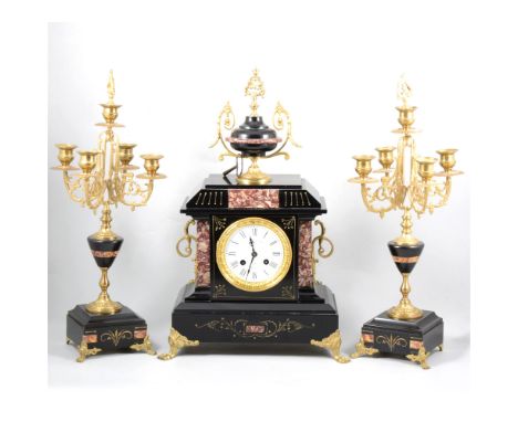 French slate and marble mantle clock, white enamel dial with Roman numerals, French cylinder movement striking a bell, 47cm h