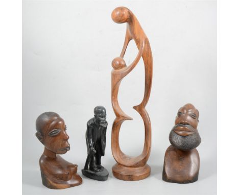 Collection of wooden items to include carved tribal figures, bowl, stick, etc,