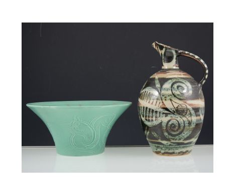 Susie Cooper studio ware bowl with incised stylised Squirrel design, sage green ground, 24cm diameter; a 1930s planter in blu