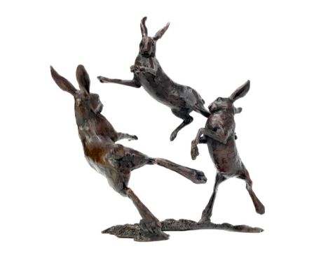 HARES PLAYING, A BRONZE BY MICHAEL SIMPSON, modelled as three hares playing, on a naturalistic base, monogrammed and numbered