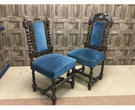 SET OF EIGHT VICTORIAN CARVED OAK DINING CHAIRS, of 17th Century design, with upholstered ladder backs and seats within vine 