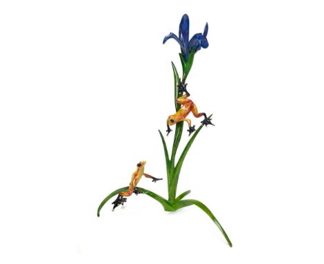 IRIS, A BRONZE BY 'FROGMAN' TIM COTTERILL, modelled with two frogs playing on an iris, in oranges, greens and blues, signed a