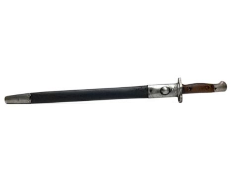 EARLY 20TH CENTURY BRITISH BAYONET, by Sanderson, with steel crossguard and wooden grip, with leather scabbard, 58cm