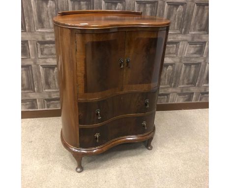 20TH CENTURY MAHOGANY KIDNEY SHAPED SIDE CABINET, with upper cupboard enclosed by two panel doors, with two long drawers belo