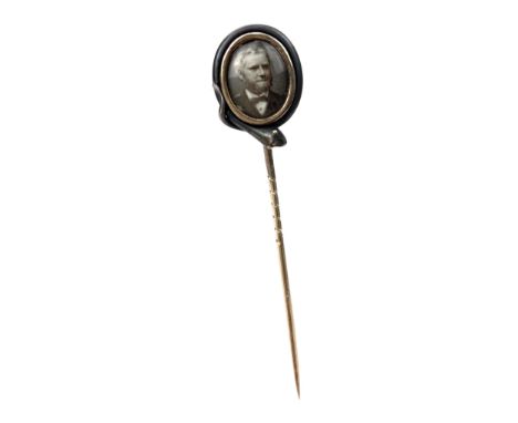 QUEEN VICTORIA INTEREST - MEMORIAL STICK PIN COMMEMORATING FRANCIS CLARK, with portrait of Clark within a serpentine motif bo