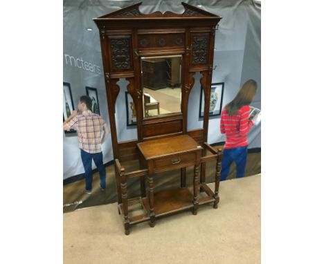 VICTORIAN OAK HALL STAND, the broken arch pediment with central mirror and carved panels below, the central shelf fitted sing