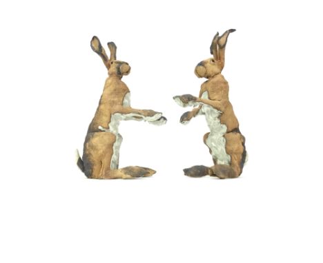 TWO HARES, A PAIR OF CERAMIC SCULPTURES BY ELAINE PETO, both modelled on hind quarters, monogrammed towards tale, the tallest