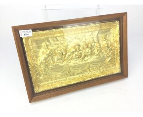 MID-20TH CENTURY GILDED SPELTER PANEL OF THE LAST SUPPER, modelled in relief, contained in a glazed frame with support, 27cm 