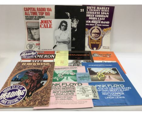 A collection of rock concert programs including Pink Floyd at Knebworth Park including ticket, Hawkwind, John Cale and others