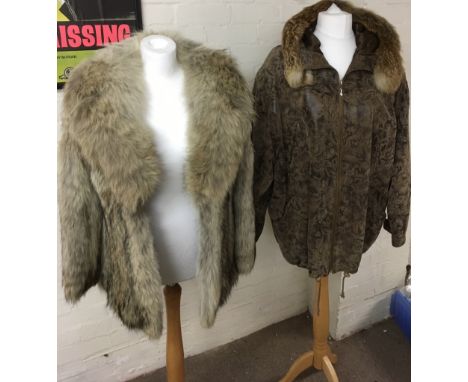 A lady's vintage short fur light mottled jacket and a longer patterned leather coat with fur collar
