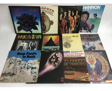A collection of rock LPs from the 1960s/70s by various artists including Deep Purple, Jimi Hendrix, Rory Gallagher, Mountain 